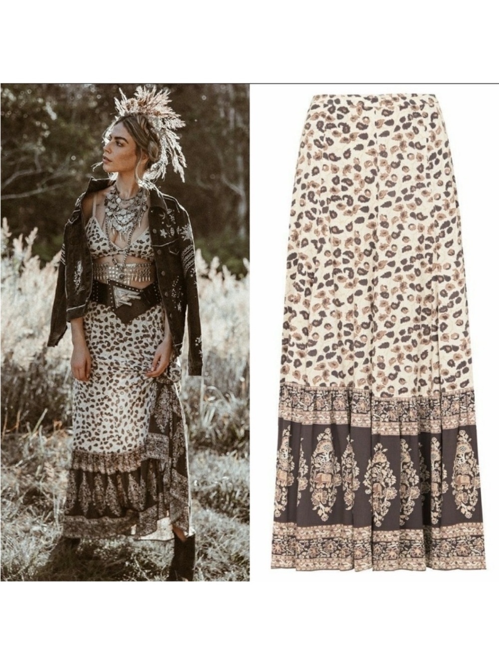 Spell Delirium Maxi Skirt Leopard Paisley Cream Small EUC‎